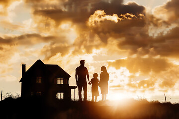 Silhouette against the sun of family contemplating the constructions of their first house