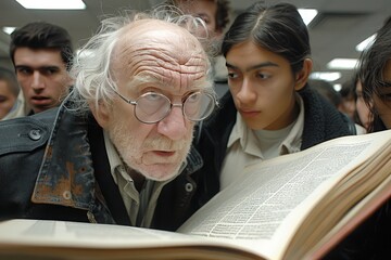 Old Man Reading a Book With Onlookers