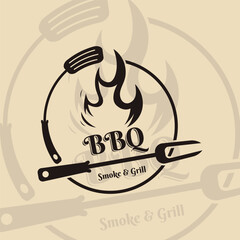 Barbecue BBQ Smoke and Grill Vintage Design Template With Crossed Spatula and Flame.