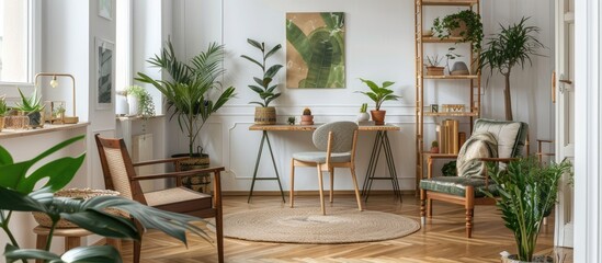 Fototapeta premium Chic Scandinavian living room featuring designer furniture, green plants, a bamboo bookshelf, and a wooden desk. The floor has a brown wooden parquet,