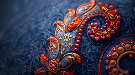 Elegant Traditional Floral Embroidery on Dark Blue Textured Fabric Background