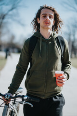 Portrait of a young male with curly hair holding a coffee cup, standing by his bicycle in a park on a clear sunny day, exuding a casual, relaxed vibe.
