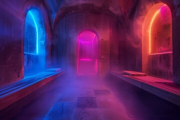 Long hallway with benches and a neon light. Hammam background  - obrazy, fototapety, plakaty
