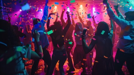 young people with their backs dancing in a disco with neon lights in high resolution