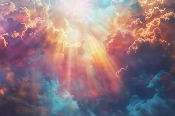 Fototapeta na wymiar radiant light breaking through clouds in heavenly sky abstract spiritual background