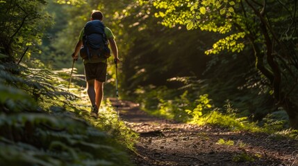 Hiker in the forest, group of hikers walking in the fogy forest.