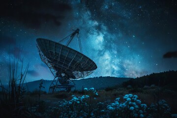 radio telescope radar dish antennas searching for extraterrestrial life in night sky - obrazy, fototapety, plakaty