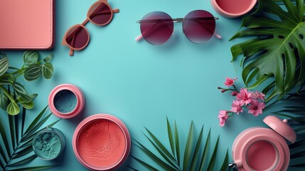 Summer beauty  concert, sunglasses  and palm leaf  on blue background. Top view 