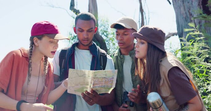 Lost, hiking and map direction of friends with anger, stress and problem with conflict in forest. Navigation, frustrated and young people on adventure and vacation with journey issue from trail plan