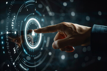 Businessman hand pressing a digital smart button on a screen actively engaging with a smart technological device. Generative AI.
