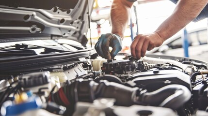 Auto mechanic inspecting a car engine under the hood in a car repair shop - obrazy, fototapety, plakaty