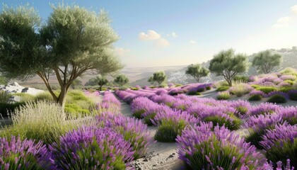 Obraz premium Violet flowers bloom in a field with trees and grass under a cloudy sky