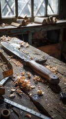 Knife and a hammer on a table with other tools. Vertical background 