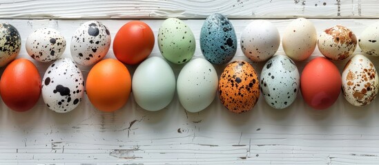 A collection of vibrant eggs displayed on a white wooden surface. - Powered by Adobe