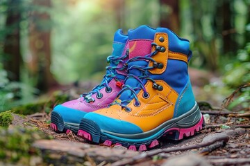 Electric blue hiking boots rest on grass in natural landscape