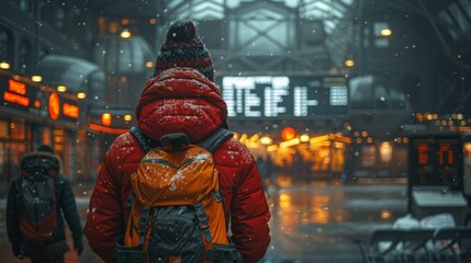 Obraz premium The traveler with yellow backpacks standing on the train station.