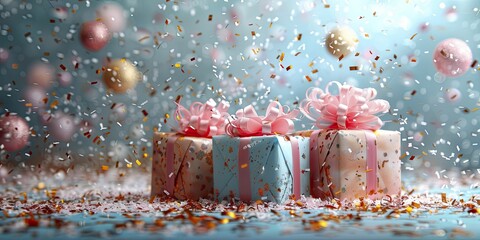 Exploding gift boxes with springs and confetti, playful chaos in a pastel palette, high speed capture, festive pop art scene.