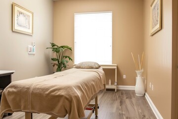 A massage table is placed in the center of the room