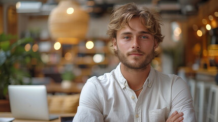 Fototapeta premium Man portrait on the cafeteria background.