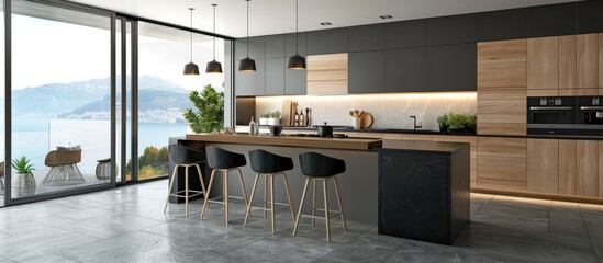Modern kitchen island with bar stools