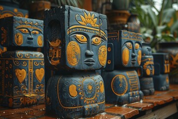 Fototapeta premium Gift boxes as colorful totem figures, tribal patterns against a forest backdrop, mystical pop art, high resolution 8k