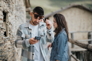 Young couple using a mobile phone on holidays, navigating through a historical village location, embodying the travel and adventure spirit.
