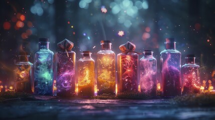 Unveil the captivating allure of enchanting pop art through gift boxes resembling fantasy potion bottles, radiating mystical colors in high-resolution 8K brilliance. - obrazy, fototapety, plakaty