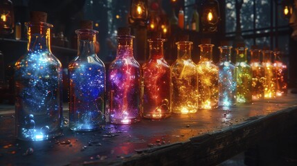 Gift boxes as fantasy potion bottles with glowing contents, mystical colors in a dark setting, enchanting pop art, high resolution 8k.