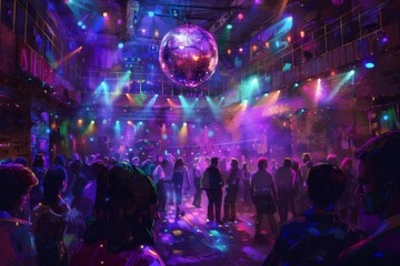 Fototapeta na wymiar retro disco party with colorful lights mirror ball and crowded dancefloor digital painting