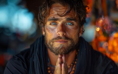 Fototapeta premium Beautiful young man with blue yes portrait on bokeh light background