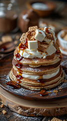 Beautiful presentation of S'mores pancakes, hyperrealistic food photography