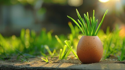 Picture a pot resembling a chicken egg sprouting vibrant green strands like the first wheat shoots pushing through the sunlit sand on a beautiful spring day
