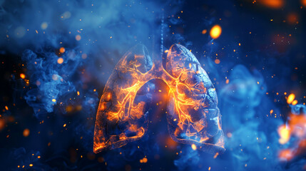 Smoking harm concept depicting a pair of glowing lungs are shrouded in orange and blue smoke or fog. No Smoking Day concept