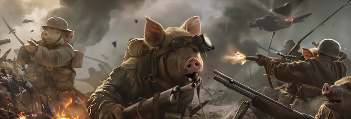 Unlikely warriors: pigs with rifles engaged in a fierce and comical combat - obrazy, fototapety, plakaty