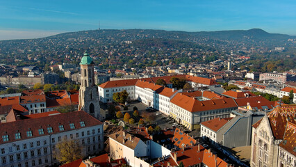 Fototapeta na wymiar Aerial view of Budapest city skyline. Church of Mary Magdalene of Buda, Hungary