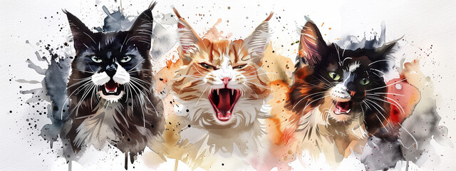 Close-up of three menacing cats lined up, exuding an air of ferocity. White background, watercolor painting style - obrazy, fototapety, plakaty
