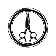 A black and white vector logo for a hair salon, featuring a stylized pair of scissors incorporating a comb within a circular, ornately detailed frame.