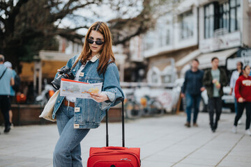 Fashionable young woman in denim with sunglasses holding a map and camera, standing by her suitcase on a city trip.
