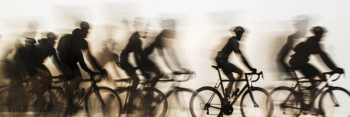 a long exposure photograph of multiple people cyclists, motion blur