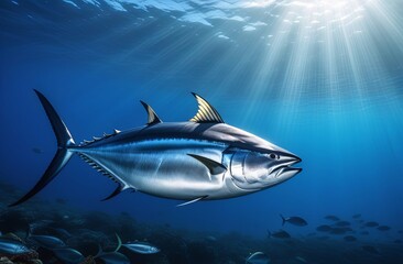 Fototapeta premium Bluefin tuna in the ocean, space for text, photo for product label