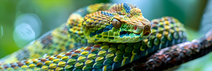 Alert Pit Viper in the Verdant Tropical Forest - A Glimpse into the World of Venomous Snakes