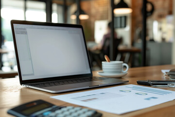 A closeup of an open laptop with a blank screen on a wooden desk, surrounded by papers and a coffee cup in the office background.