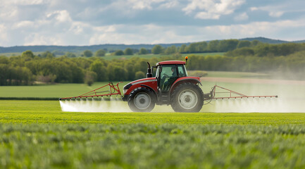 Obraz premium Tractor spraying liquid on green field in a wide shot, in the style of commercial photography, with high resolution, in daylight 