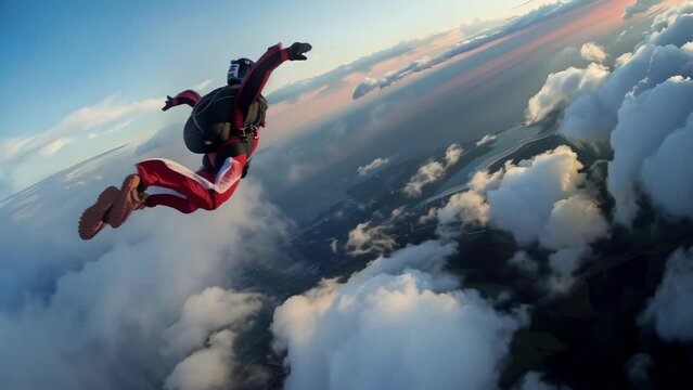 From high above a dense sea of clouds, a skydiver clad in red and white boldly leaps into the void. 
