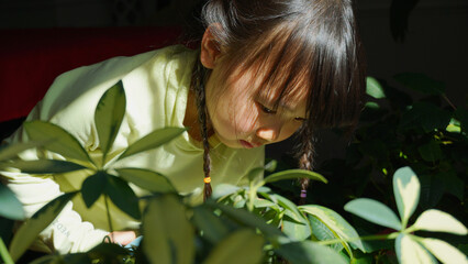 A girl is watching a plant