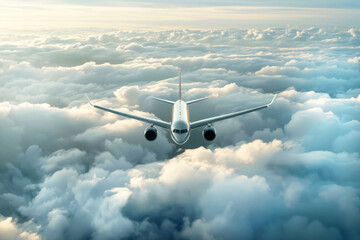 Obraz premium A large passenger jet flies above a sea of clouds, representing travel and adventure