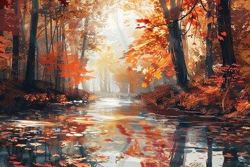 serene autumn forest river with warm colors digital art painting