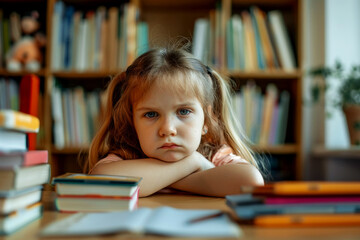 Sad tired girl sitting at the table with many books in school at home. Grumpy kid doing homework. Learning difficulties and education