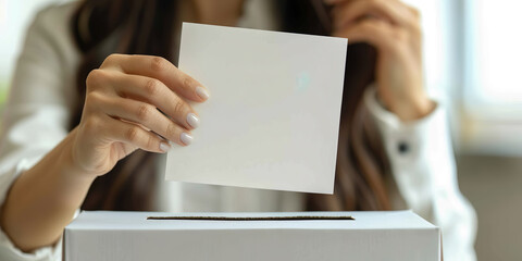 Woman placing her vote in ballot box. Elections
