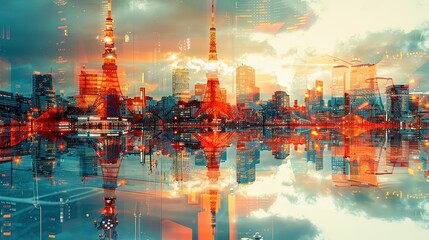 Tokyo Tower in Japan. double exposure contemporary style minimalist artwork collage illustration. Ai generative